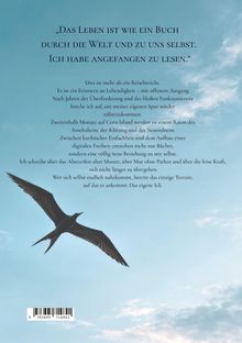 Zitat über das Leben als Buch. Darunter Text über Reisen, Selbstentdeckung und digitale Freiheit. Vogel am Himmel.