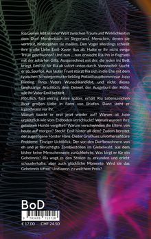 Text über Ria Geisens Leben in Mordenbach. Hintergrund mit abstrakten, farbigen Linien und Mustern.