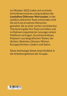 Text über eine Schreibgruppe, Anthologie kreativer Texte. Gelber Hintergrund mit einer ISBN unten links.
