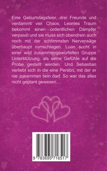 Eine Geburtstagsfeier, drei Freunde, viel Chaos. Pinker Hintergrund mit Herzmustern und einem Barcode unten.