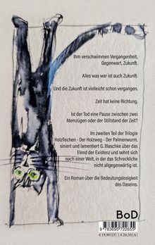 Texte beschreiben philosophische Gedanken über Zeit und Existenz. Illustration: Eine Katze hängt kopfüber an einem Seil.