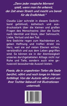 Text zu Poesie, Identität, Glück, Sehnsucht und Tod. Gedichte regen zum Nachdenken an. ISBN unten auf lila Hintergrund.