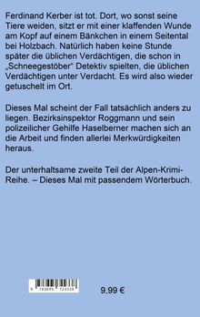 Text auf blauem Hintergrund beschreibt einen Kriminalfall in den Alpen. Preis: 9,99 €. Unten ist ein Barcode.