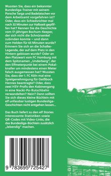 Ein Text auf grünem Hintergrund erzählt humorvolle Bundesliga-Geschichten. Unten ist ein Barcode. Rechts ein Stadionbild.