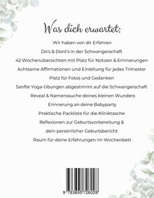"Was dich erwartet" gefolgt von einer Liste über Schwangerschaftstipps, Yoga, Affirmationen und Platz für persönliche Notizen. Unten ist ein Barcode.