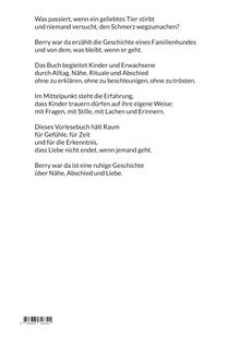 Text beschreibt ein Buch über Trauer eines Familienhundes, Raum für Gefühle, und die Erkenntnis, dass Liebe bestehen bleibt.
