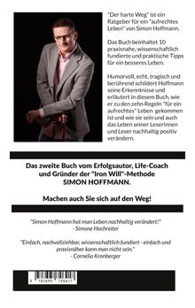 Links ein Mann im Anzug, rechts Text über ein Buch namens "Der harte Weg" von Simon Hoffmann, ein Ratgeber für ein "aufrechtes Leben".