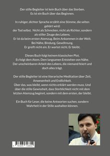 Ein Text beschreibt ein Buch über das Leben, den Beginn, und die stille Gewissheit der Sterblichkeit. Unten ist ein Foto eines Mannes.