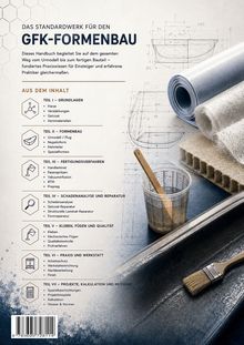 "Das Standardwerk für den GFK-Formenbau" steht oben. Darunter: Inhalte von Grundlagen bis Projekte. Bilder von Bauplänen, Rollen, Pinsel.
