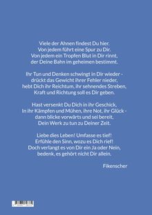 Ein Gedicht spricht von Ahnen, Lebenspfaden, Kämpfen und dem Sinn des Lebens, gezeichnet „Fikenscher“ unten auf blauem Hintergrund.