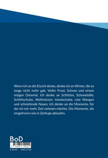 Text über Wintererinnerungen und Preise. Blau-weißes geometrisches Design, mit Barcode und BoD-Logo unten.