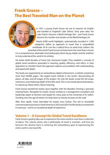 "Frank Grosse – The Best Traveled Man on the Planet" beschreibt Frank Grosses Reisephilosophie. Text links mit Foto.