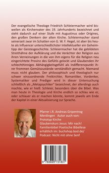 Der Text handelt von Friedrich Schleiermacher als einflussreichem Theologen. Unten: Autor Andreas Grpentrog, Buchinfos und Barcode.
