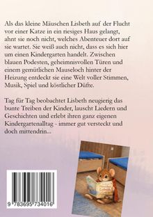 Ein kleiner Text erzählt von der Maus Lisbeth, die im Kindergarten Abenteuer erlebt. Daneben ein Bild mit einer Maus und einem Buch.