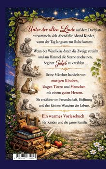 "Unter der alten Linde..." Ein nostalgisches Bild mit Kindern, Hund und Büchern, Pflanzenrahmen und Sternenhimmel.