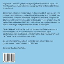 Ein Text auf blauem Hintergrund beschreibt ein Kinderbuch über Yuis Entdeckungsreise durch Tokio. Enthält Barcode.