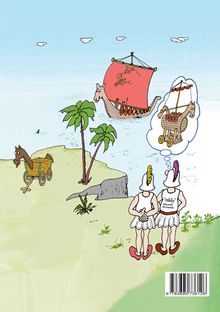 Illustration: Zwei Figuren betrachten ein Wikingerboot. Die Rückansicht zeigt "oddy". Coole Ausrüstung auf ihrem Rücken.