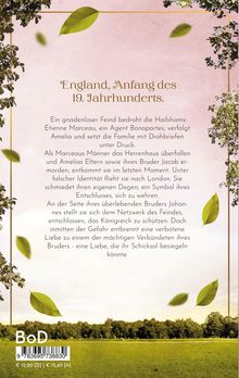 "England, Anfang des 19. Jahrhunderts. Ein Feind bedroht die Hailshams: É. Marceau verfolgt Amelia. Text auf rosa Hintergrund."