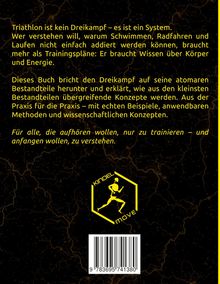 Texte erklären Triathlon als System und das Buchinhalt. Unten ist ein gelbes Logo mit einer laufenden Figur und der Text "KINDEL MOVE".