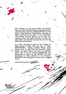 Text über Bücher des Autors C Gerd Steinkoenig, inklusive Titel und Veröffentlichungsdatum. Schwarze und rote Spritzer.