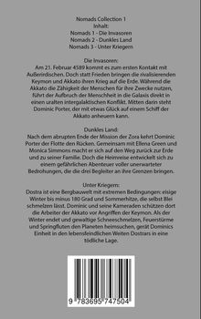 Nomads Collection 1: Inhalt von drei Titeln. Im Text geht es um intergalaktische Konflikte, Heimreisen und extreme Bedingungen.