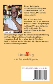 Text über eine Buchneuausgabe von "Der Kardinal von Auerbach" neben einem älteren Mann vor Bücherregal.