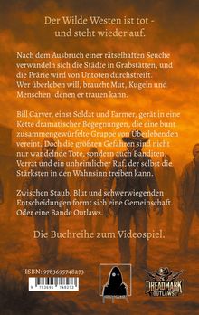 Der Text beschreibt eine postapokalyptische Welt im Wilden Westen voller Untoter und das Überleben einer Gruppe. Zwei Logos sind unten sichtbar.