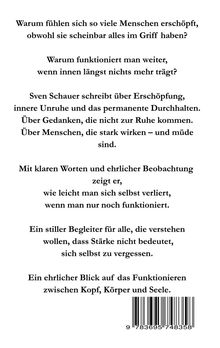 Texte über Erschöpfung, innere Unruhe und Durchhalten. Ein Barcode unten.