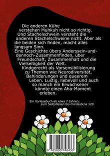 Texte beschreiben eine Geschichte über Anderssein, Freundschaft, Zusammenhalt, Neurodiversität; Kinderbuch ab 7 Jahren. Unten grüne Blätter und weiße Blumen.
