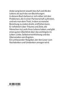 Text über Beziehungsprobleme, Selbstverwirklichung und Angstbewältigung im Leben. Unten ein Barcode.