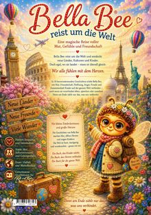"Bella Bee reist um die Welt" ist eine Illustration, die Bella Bee als fröhliche Figur mit Flügeln zeigt, umgeben von bekannten Sehenswürdigkeiten.