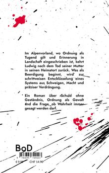 Text beschreibt eine Rückkehr und Entschlüsselung von Schweigen und Macht. Rote Spritzer und schwarze Linien zieren den Hintergrund.