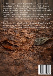 Text beschreibt eine Archäologin, Hannah, die in Kanada Hinweise auf ihre Vorfahren und deren Farm entdeckt. Im Hintergrund Herbstblätter.