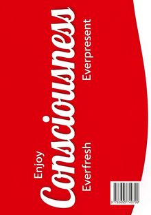 „Enjoy Consciousness Everfresh Everpresent“. Roter Hintergrund mit geschwungenem, weißem Text. Ein Barcode ist unten rechts.
