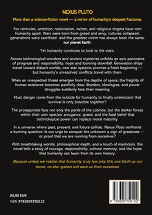 Text: "NEXUS PLUTO: More than a science-fiction novel — a mirror of humanity's deepest fractures." 
Preis: 24,90 EUR. ISBN: 9783695750122. 

Hintergrund: Schwarz mit gelbem und weißem Text.