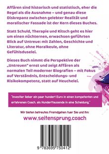 Texte beschreiben Untreue aus verschiedenen Blickwinkeln; Barcodenummer unten. Enthält Website: www.seitensprung.coach.