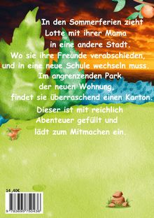Text über Lottes Umzug und Abenteuer in einem Park. Bunte, illustrierte Landschaft, Sonnenuntergang, Bäume, Pflanzen.