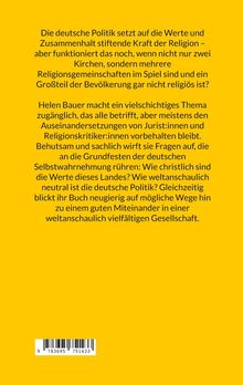 Ein gelber Hintergrund mit einem Text über die Rolle der Religion in der deutschen Politik und ihre Werte. Unten ein Barcode.