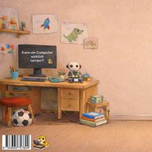 Text: "Kann ein Computer wirklich lernen?". Illustration: Ein Schreibtisch mit Computer, Spielzeugroboter und Kinderzeichnungen.