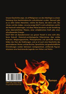 Gelber Text beschreibt Religionen als Machtinstrumente. Unten sind orange Flammen und das Wort "Roman".