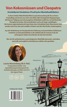 "Von Kokosnüssen und Cleopatra" in roter Schrift. Bild einer lächelnden Frau, darunter ein Bus und skizzierte Stadtlandschaft.