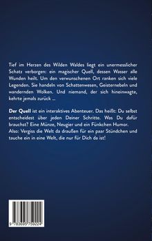 Ein Text auf blauem Hintergrund beschreibt einen magischen Quell in einem Wald und ein interaktives Abenteuer namens "Der Quell".