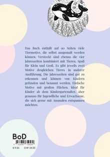 Text beschreibt ein Buch mit 90 Tiermotiven zum Ausmalen, für alle Altersgruppen. Kreisförmige Illustration eines Wals.
