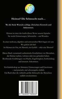Buchbeschreibung über Heimat und Sehnsucht mit poetischen und ehrlichen Geschichten, sowie einem Barcode am unteren Rand.