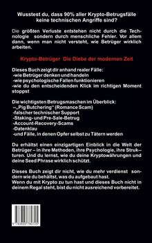 Ein Text beschreibt Krypto-Betrugsmethoden und verspricht Einsicht in die Denkweise der Betrüger. Ein Buch wird empfohlen.