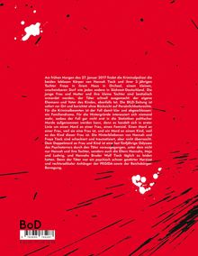 Ein roter Hintergrund mit schwarzen Spritzern und einem längeren Text zu einem Mordfall. Unten links steht "BoD".