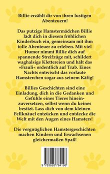 "Billie erzählt dir von ihren lustigen Abenteuern!" steht oben auf gelbem Hintergrund mit Pfotenabdrücken umrahmt. Darunter Text.