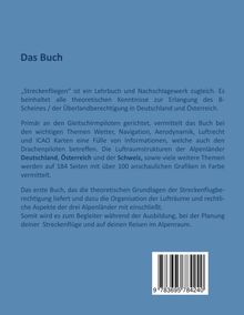 Text auf blauem Hintergrund: 
- Titel: "Das Buch"
- Inhalt: Lehrbuch für Gleitschirmpiloten mit Themen zu Wetter, Navigation, Aerodynamik und Lufträumen.