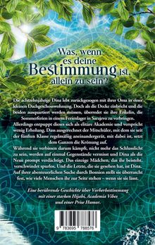 „Was, wenn es deine Bestimmung ist, allein zu sein?“ Umgeben von Blättern, grünen Bergen und einem blau verzierten Hintergrund.
