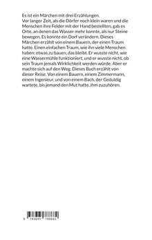 Text über einen Bauern mit einem Traum, ein Dorf zu verändern. Es geht um Wasser, Handwerk und Geduld. Unten Strichcode.